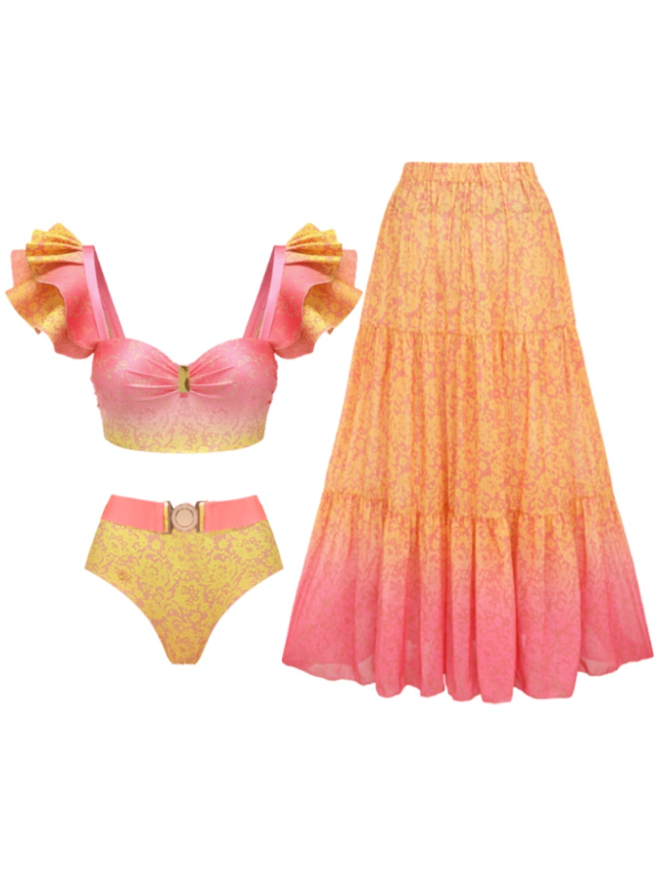 Gradient Split Swimsuit + Skirt Set