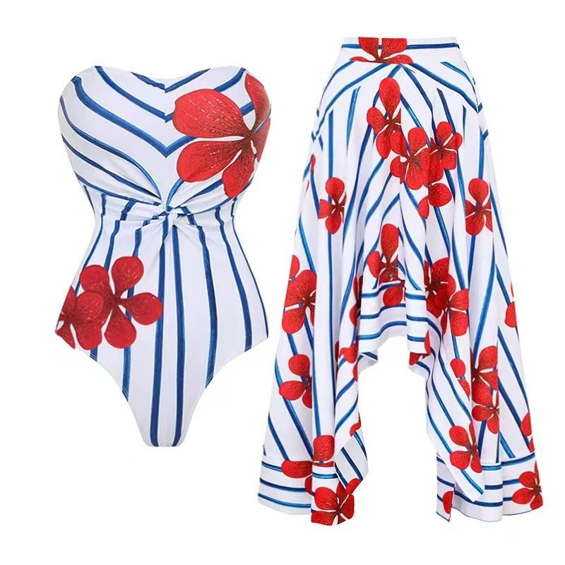 Stripe Floral Waist Band One-Piece Swimsuit + Skirt Set
