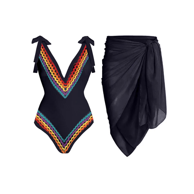 Rainbow V-Neck One Piece Swimsuit + Cover Up Set