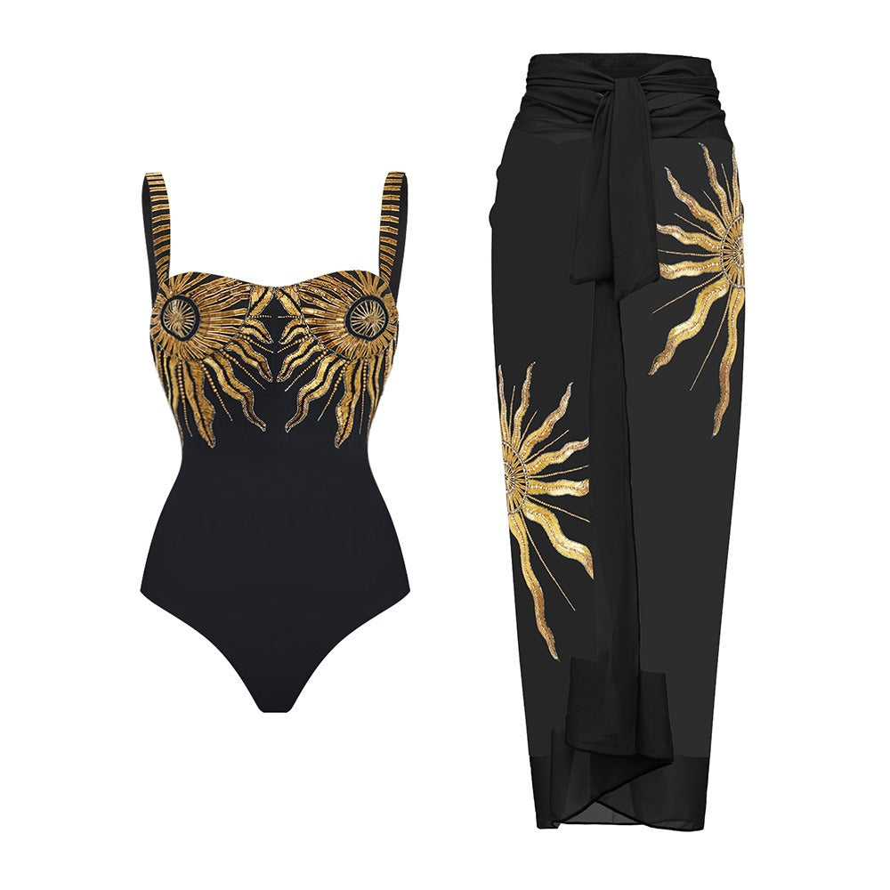 Black + Gold One Piece Swimsuit + Skirt Set