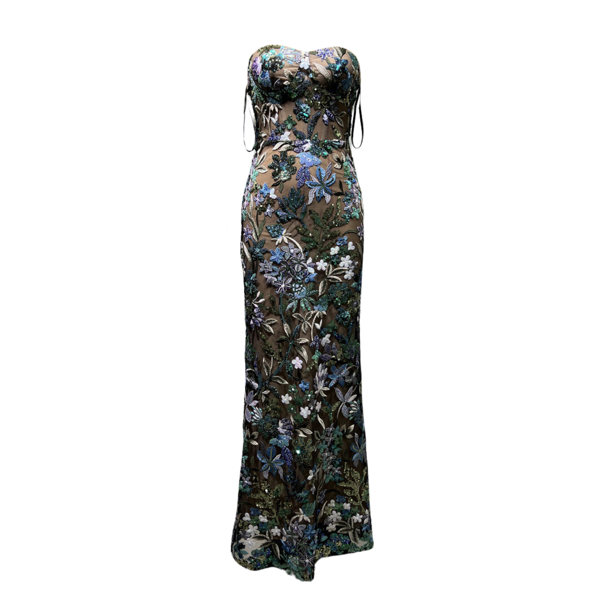 Sequined Blue Embroidered Floral Tube Backless Dress