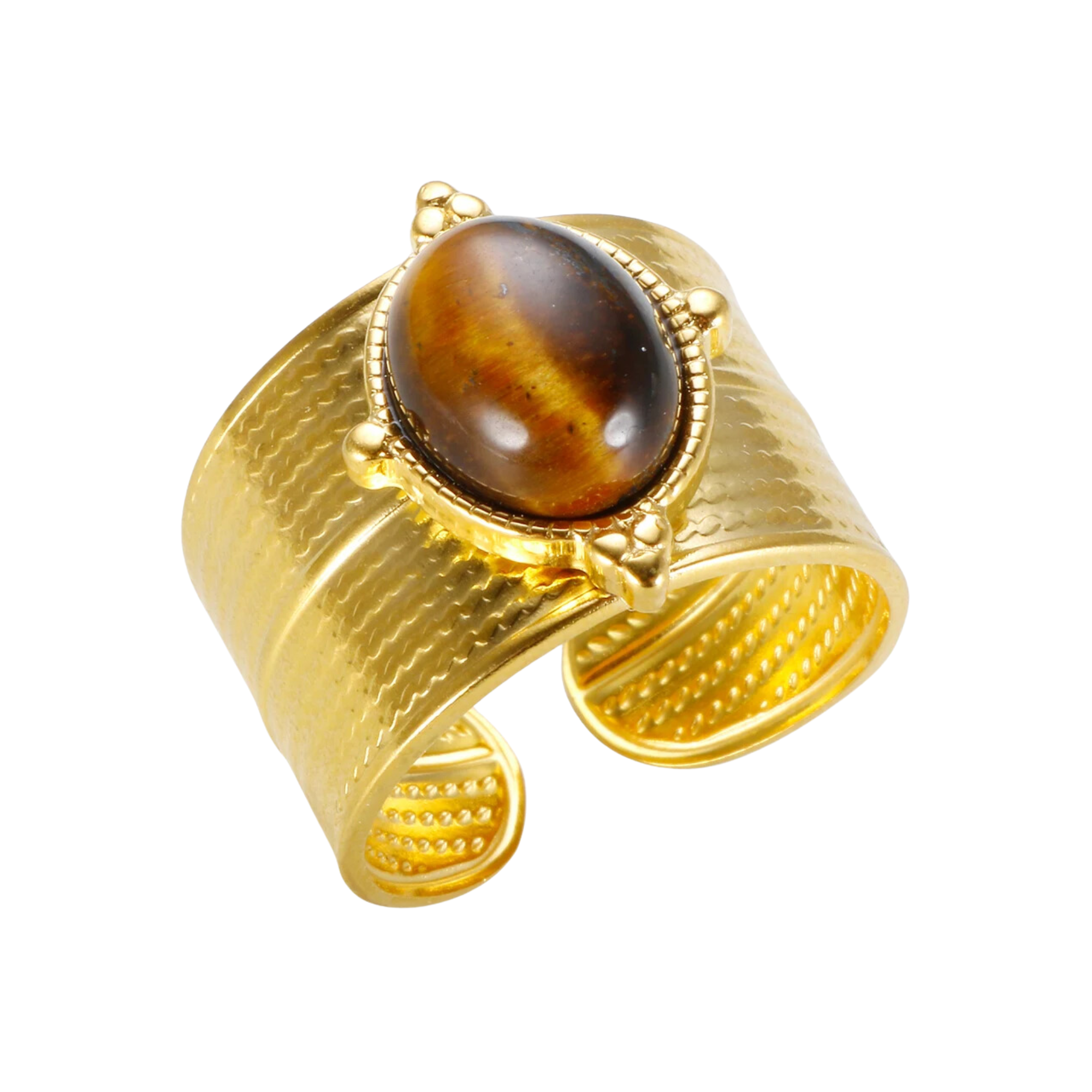 Retro Gold-Plated Tiger Eye Marble C-Shaped Open Ring