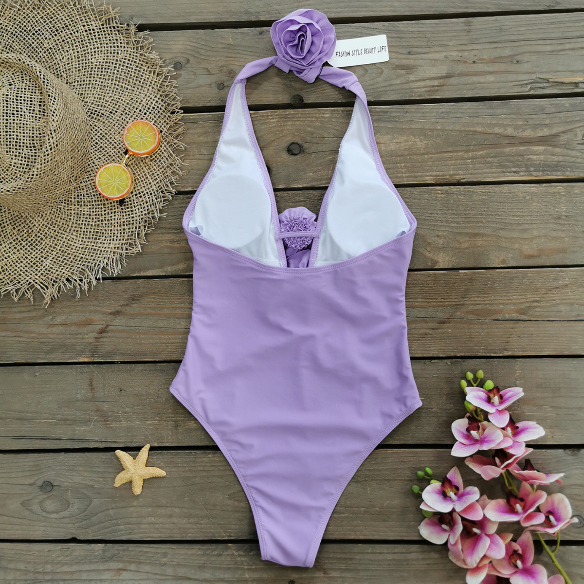Violet 3D Flower Choker One-Piece Swimsuit