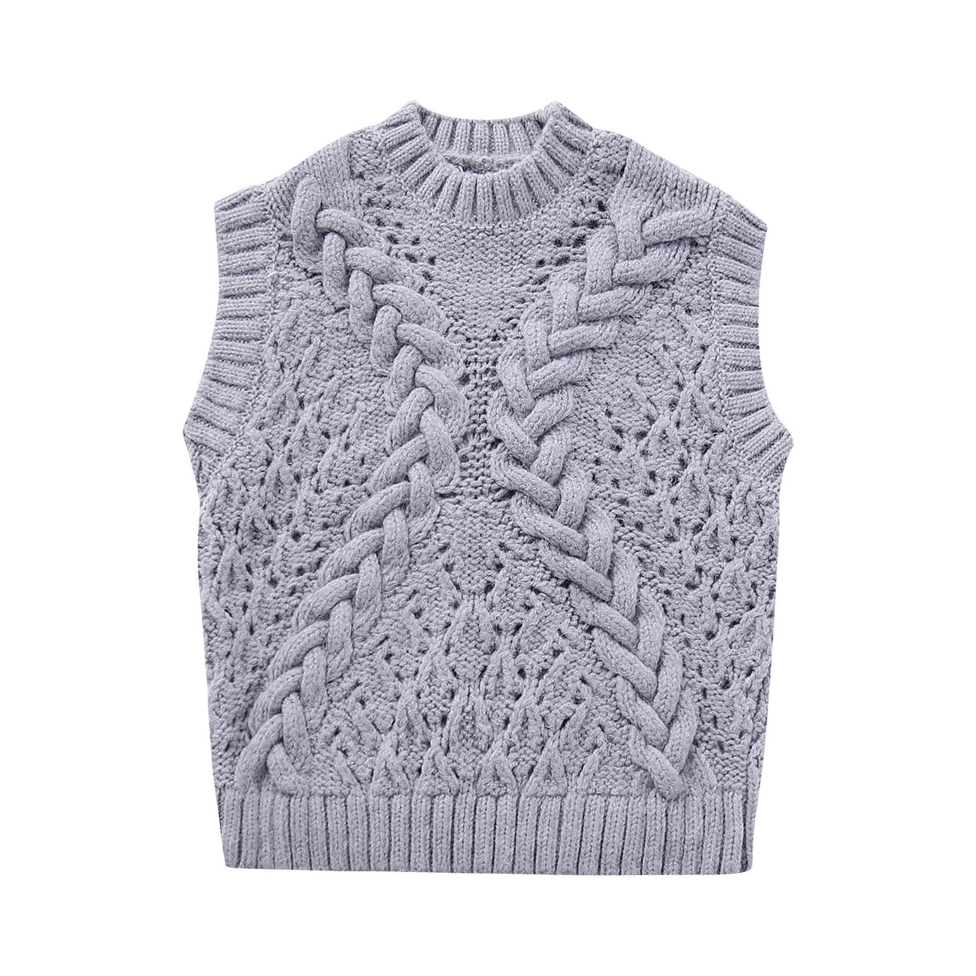 Ribbed Cable Knit Vest - Gray / S