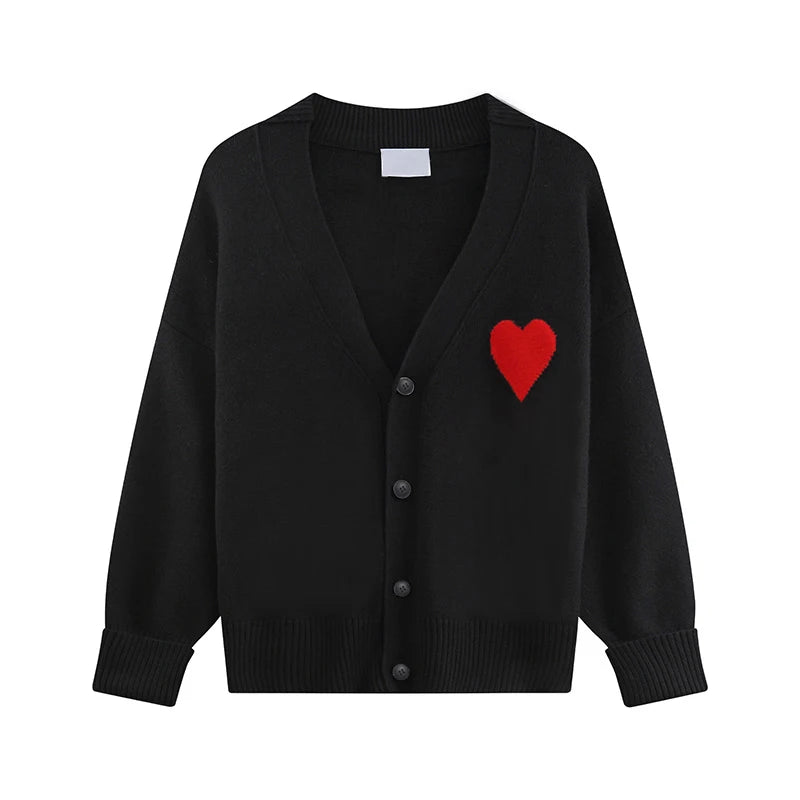 Pre Order: Heart Embroidery Loose Fit Cotton Knitted Cardigan