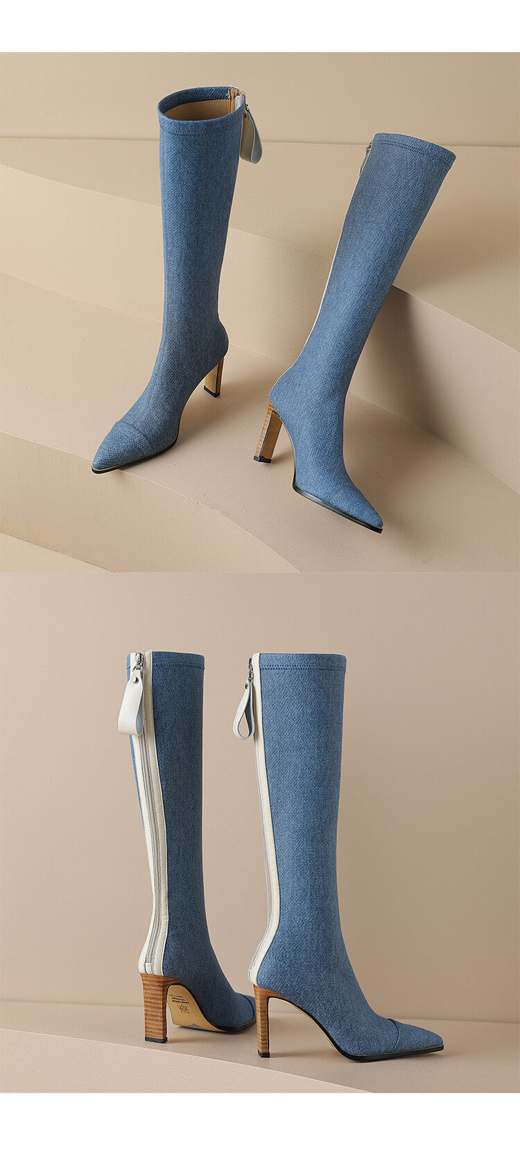 Denim Back-Zip High Heels Boots