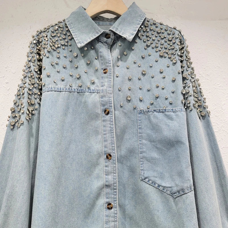 Diamond Studded Loose Denim Shirt