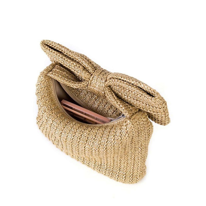 Bow Knot Grass Woven Small Handbag