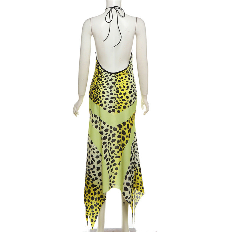 Leopard Print Hanging Neck Hollowed Out Backless Slim Dress