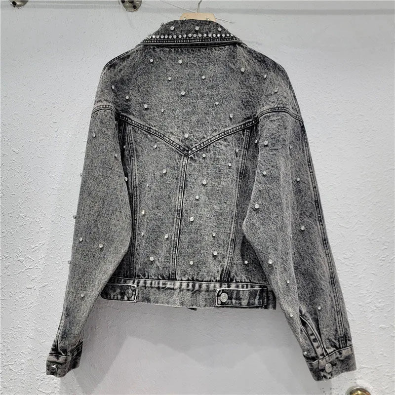 Pre Order:  Nail Bead Inlaid Diamond Denim Jacket