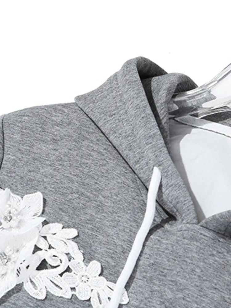 Pre Order:  Lace Patchwork Long Sleeve Gray Hoodie