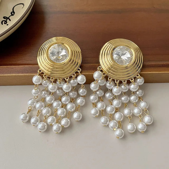 Pre Order:  Exaggerated Circular Diamond Multi-Layer Pearl Tassel Earrings