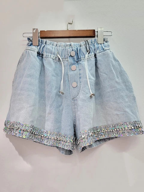 Pre Order:  Handmade Diamond Bead Panel Denim Wide Leg Shorts