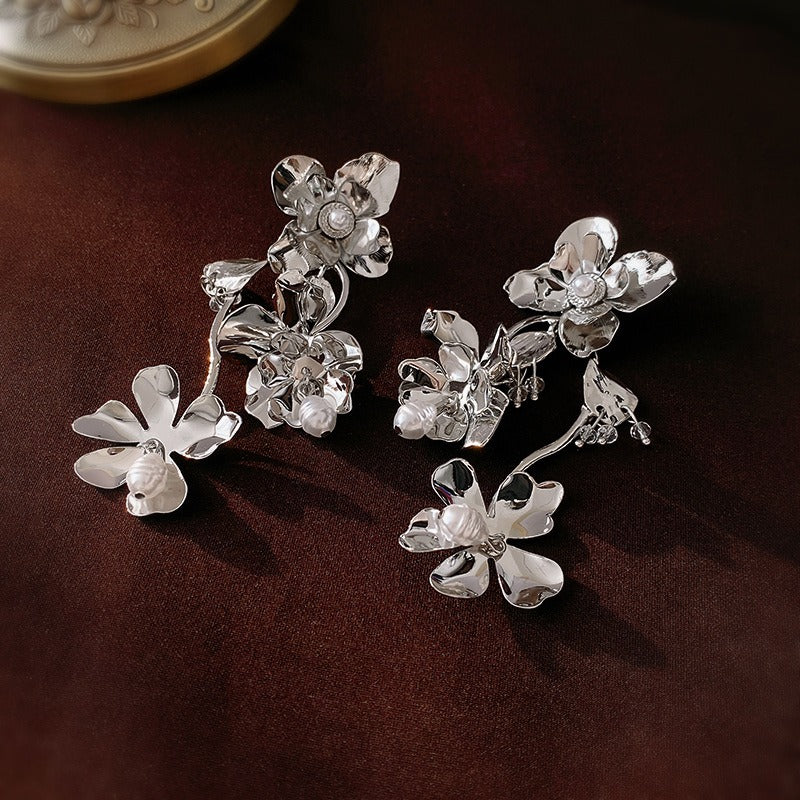 Pre Order: Metallic Flower Pearls Exaggerated Earrings