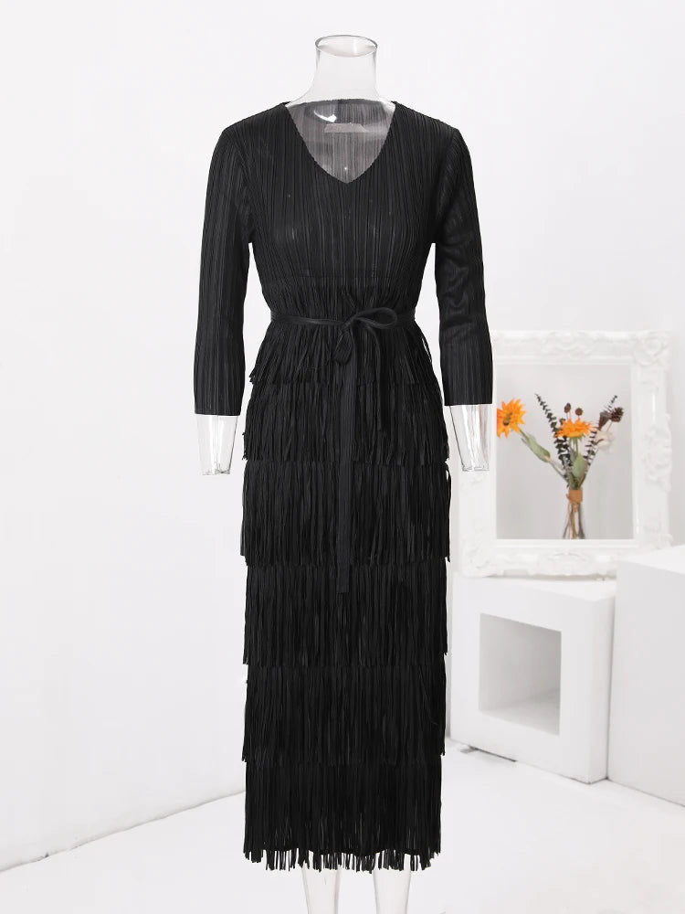 Pre Order:  Solid Pleated Fringe Dress