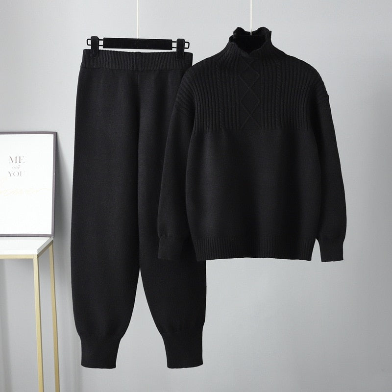 Pre Order:  Solid Long Sleeve Knit Sweater + Loose Pants Set