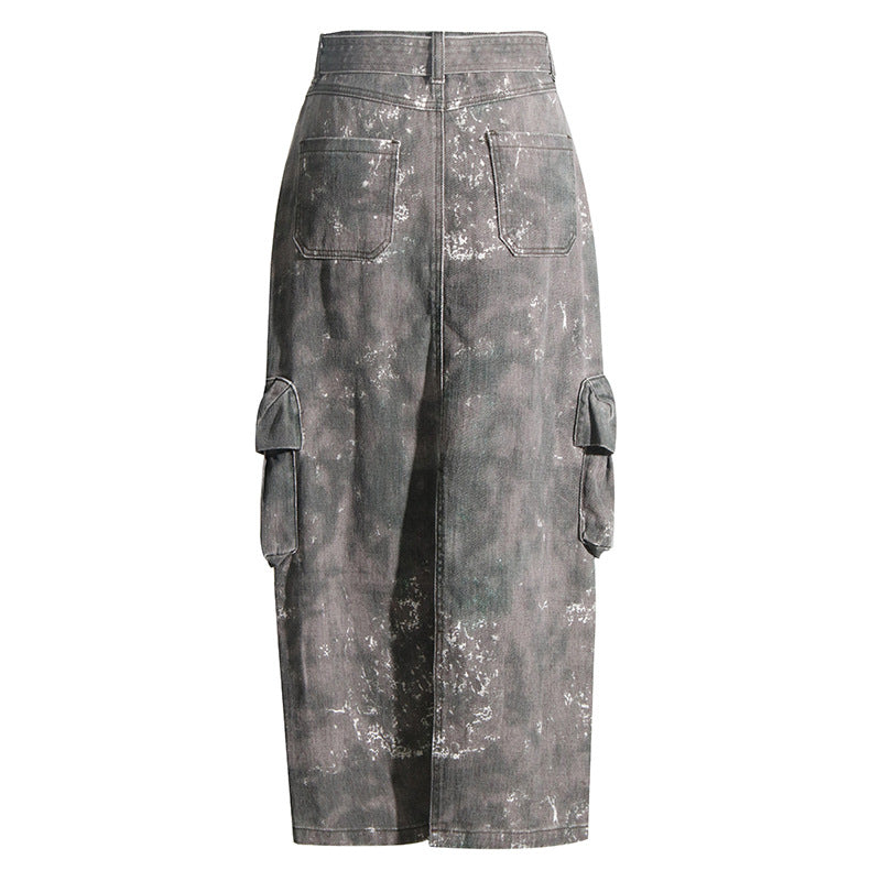 Pre Order: Camouflage Tie Waist Pocket Hip Hugging Denim Skirt