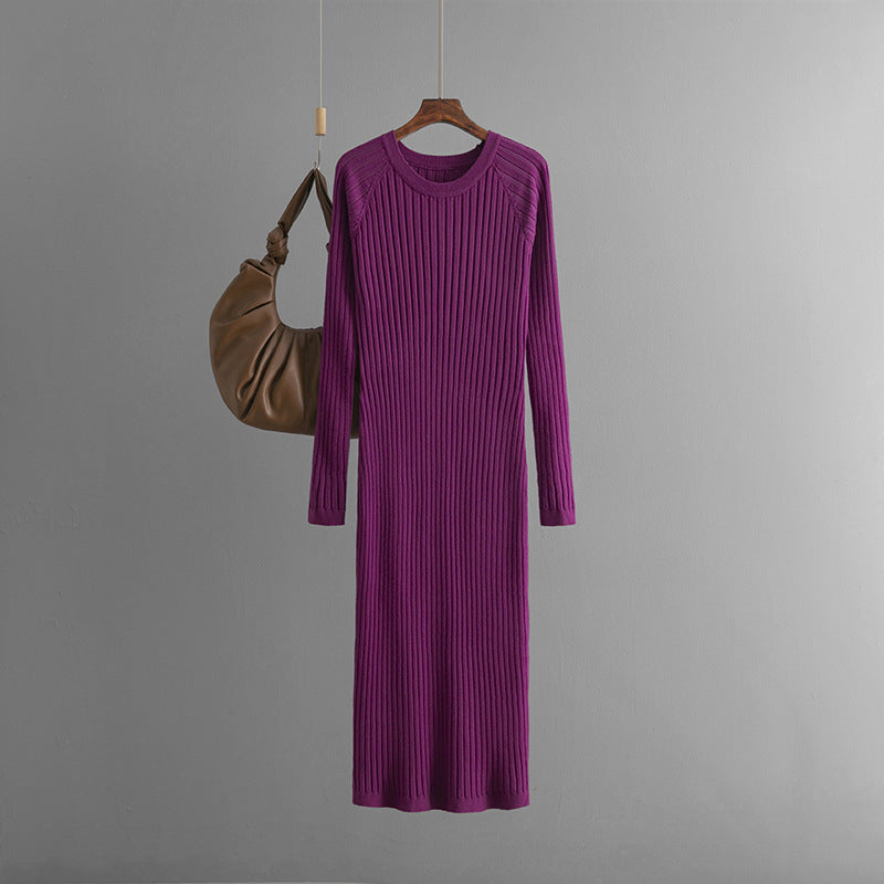 Pre Order:  Solid Pleated Round Neck Woolen Knitted Dress