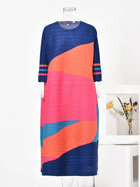 Pre Order:  O-Neck Colorblock Printed Pleated Dress