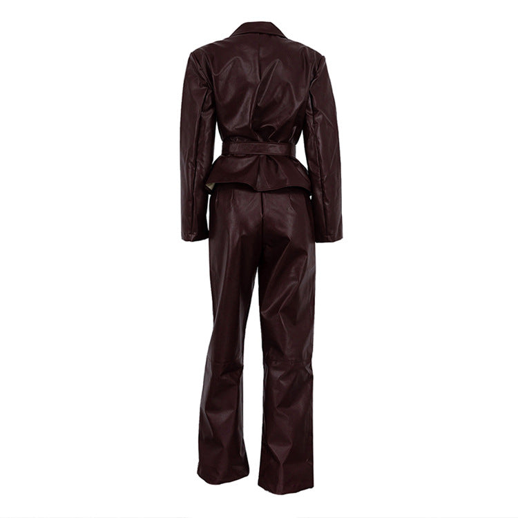 Pre Order: Vintage Burgundy Faux Leather Tie Waist Jacket + Pants Set