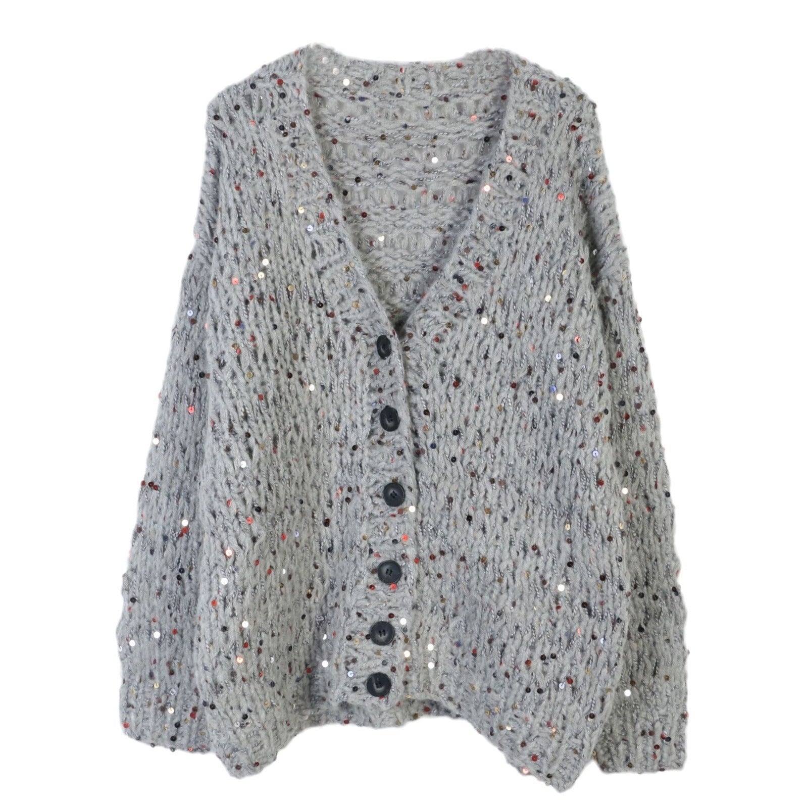 Sequined Long Sleeved Loose V-Neck Cardigan