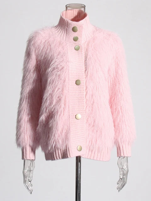 Pre Order:  Furry Stand Collar Knit Jacket