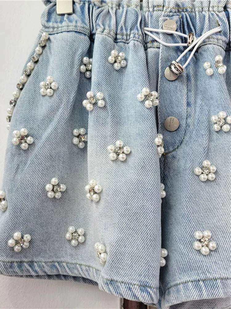 Pre Order:  Flower Diamond Studded High Waist Wide Leg Denim Shorts