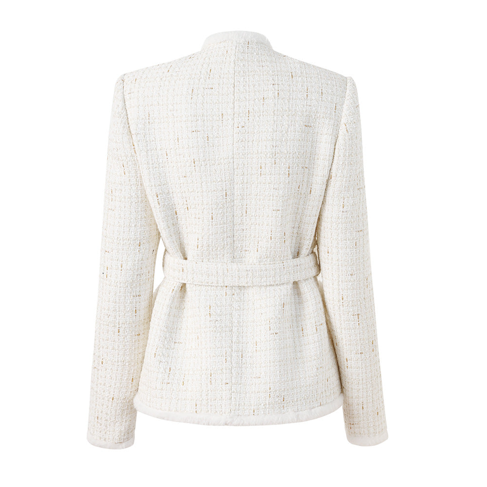 Pre Order:  White Woolen Patchwork Belted Jacket