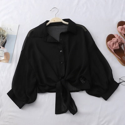 Pre Order:  Casual Chiffon Waist Tie Shirt