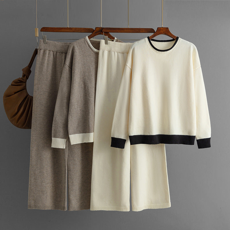 Round Neck Knitted Sweater + Wide Leg Pants Set