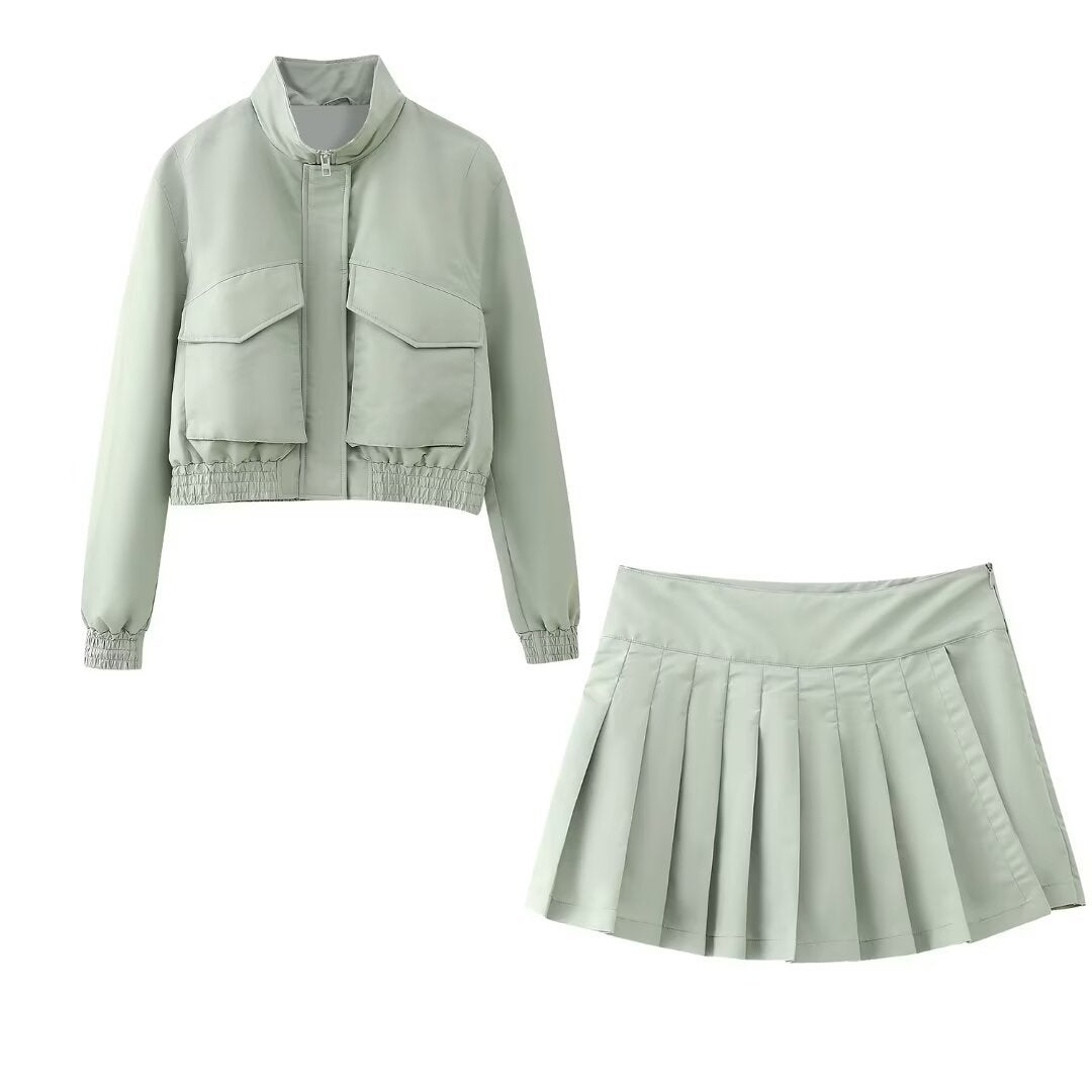 Pre Order: Solid Zipper Jacket + Skirt Set