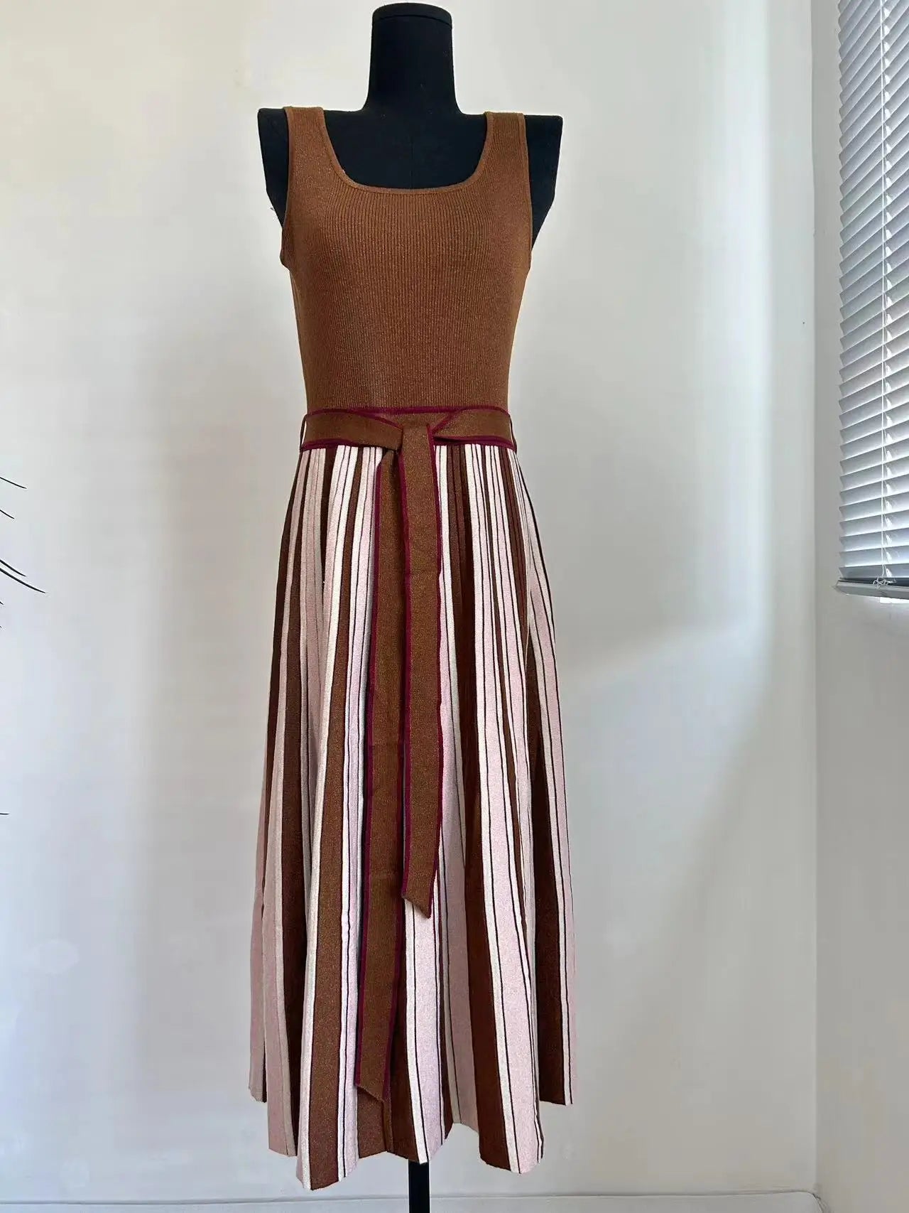 Pre Order:  Brown Halter Knitted Pleated Dress