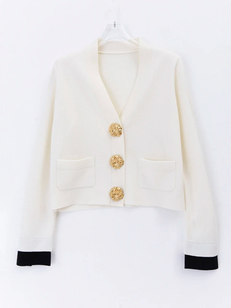 Pre Order: Metal Buckle V-Neck Knit Cardigan