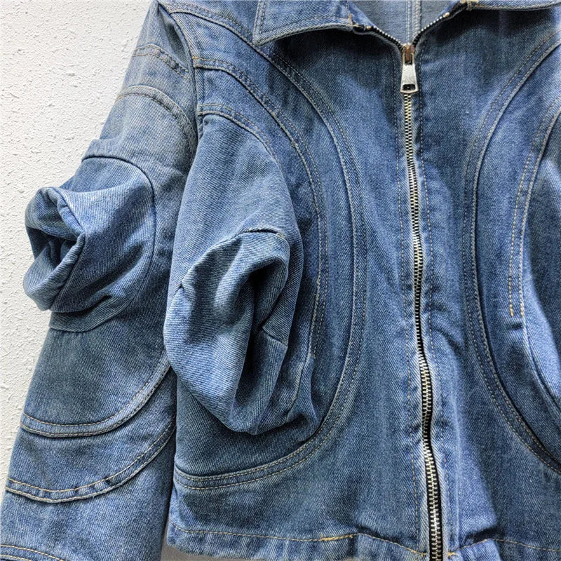 Pre Order:  Casual Puff Sleeve Zip Denim Jacket