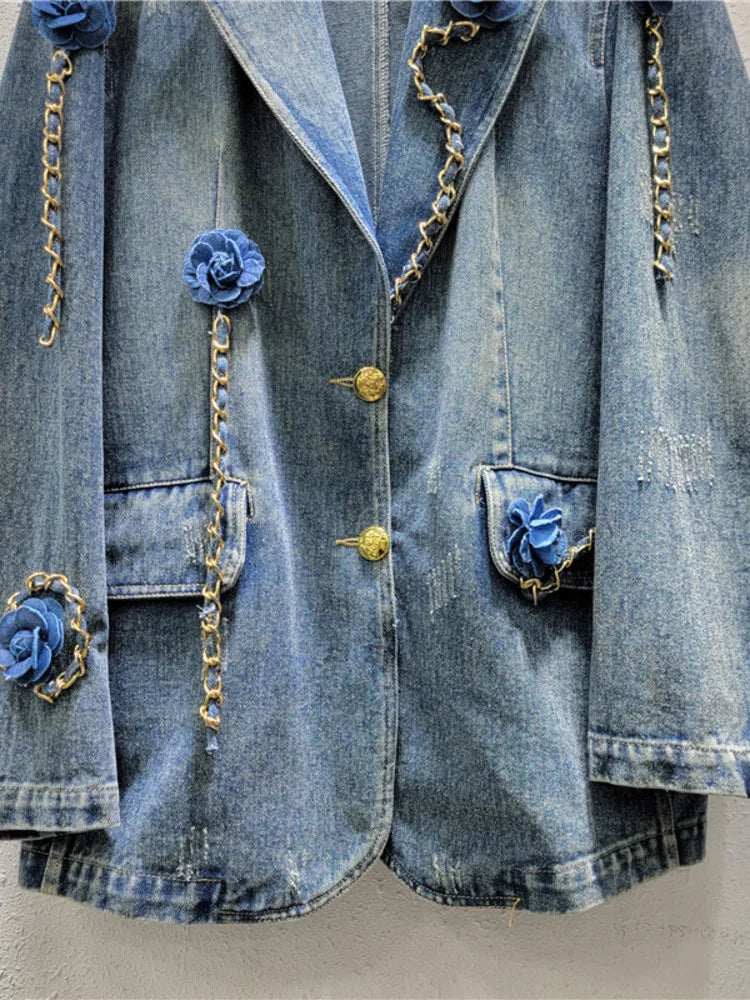 Pre Order:  3D Flower Patchwork Gold Chain Washed Denim Jacket