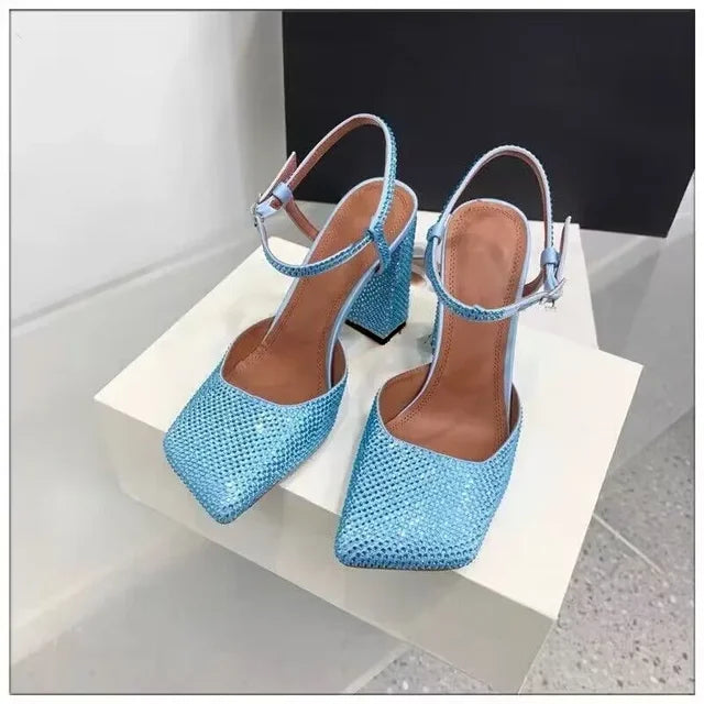 Pre Order:  Rhinestone Chunky Heel Square Toe Sandals