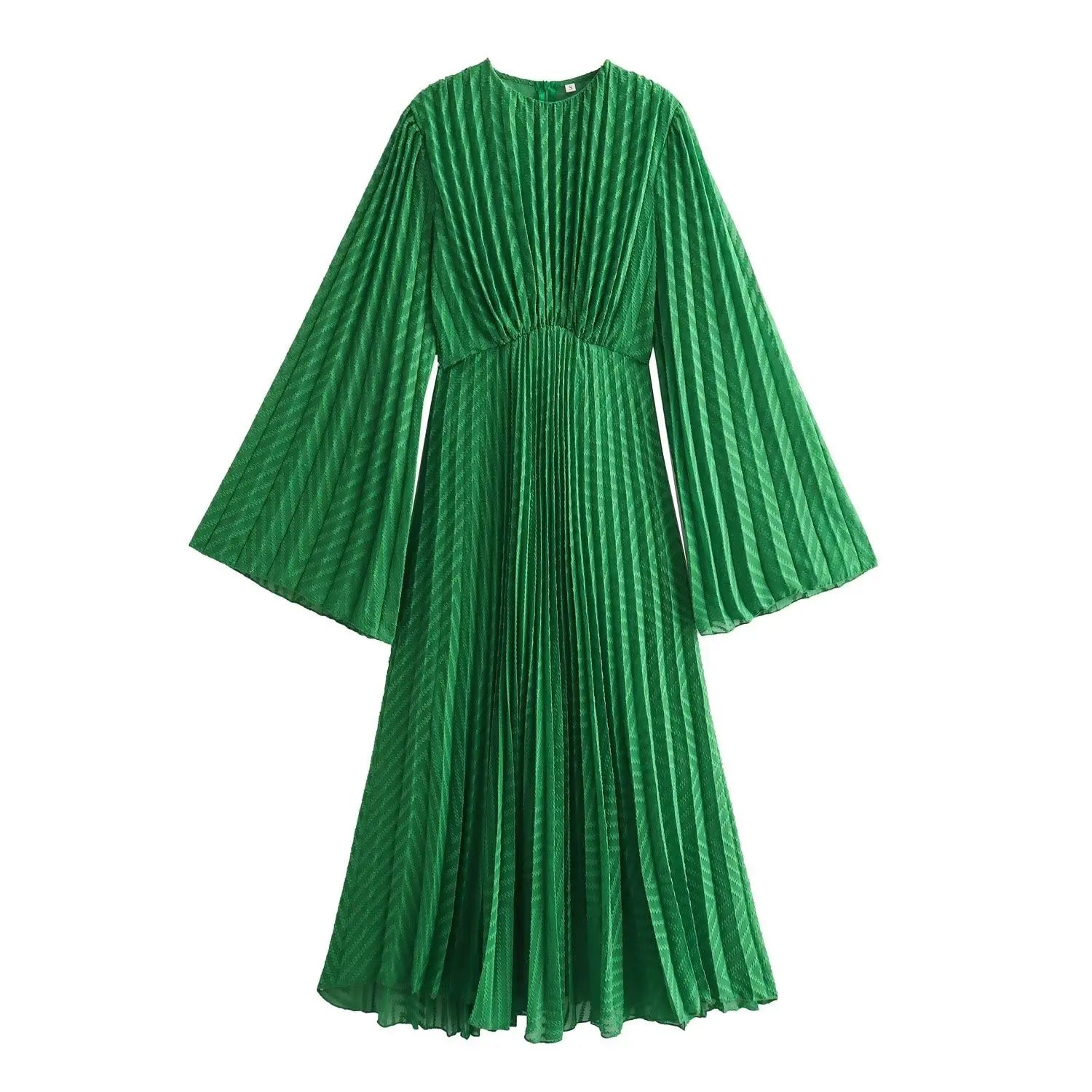 Green Pleated Round Neck Long Sleeved A-Line Dress