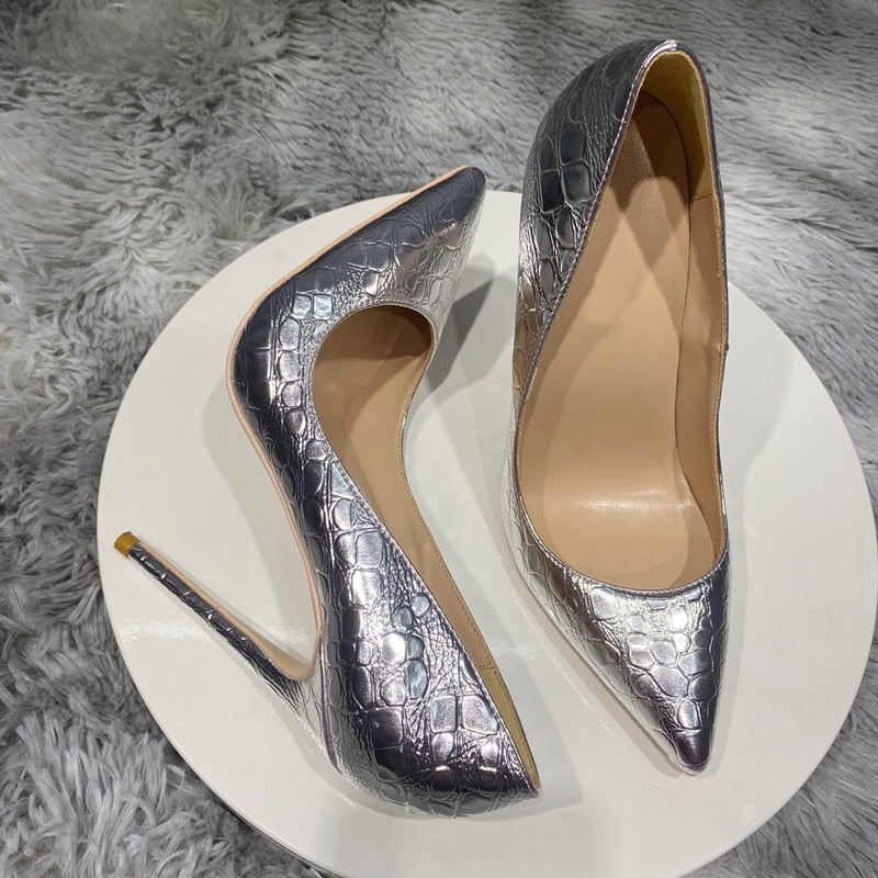 Pre Order:  Silver Crocodile Pointed Toe Stiletto Pumps