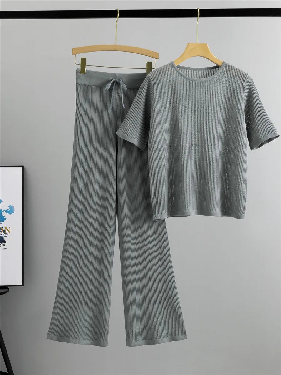 Pre Order: Semi Transparent Loose Knit T-Shirt + Wide Leg Pants Set