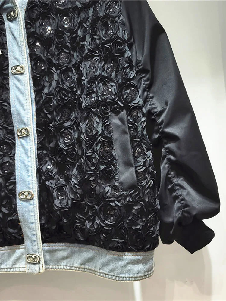 Pre Order:  Black Pleated Sequined Denim Patchwork Heart Buckle Jacket