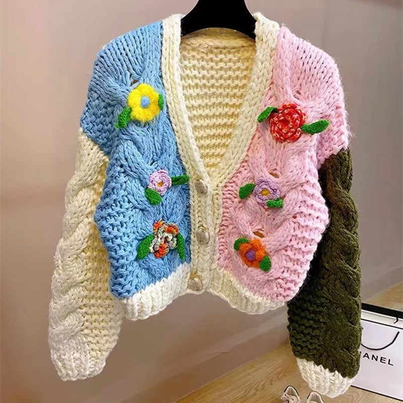 Pre Order:  Color Block Rod Needle Knitted 3D Hook Flower Cardigan