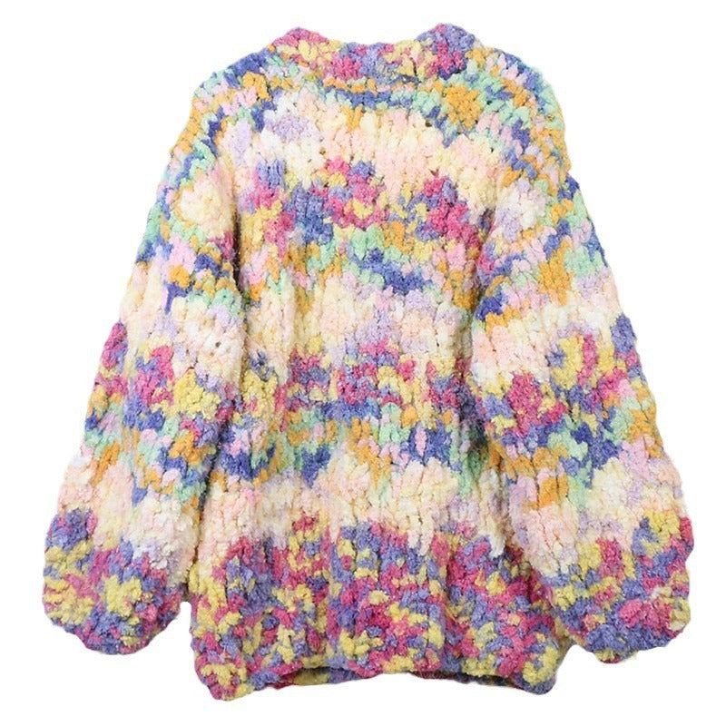 Pre Order:  Rainbow V-Neck Long Sleeved Loose Thick Knit Cardigan