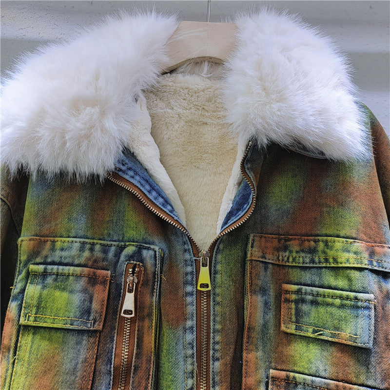 Pre Order: Woolen Collar Denim Short Fleece Jacket