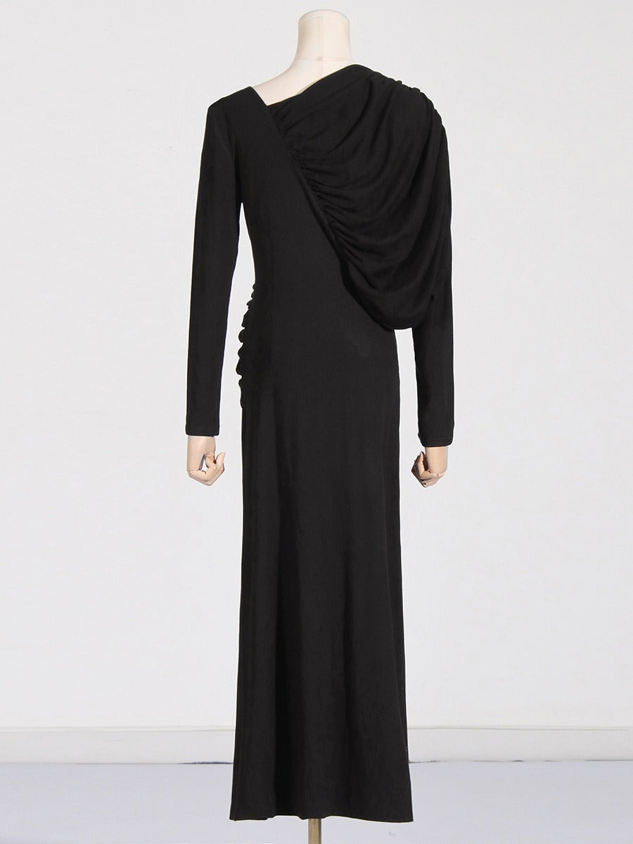 Pre Order: Asymmetric Slim Fit V-Neck Pleated Maxi Dress