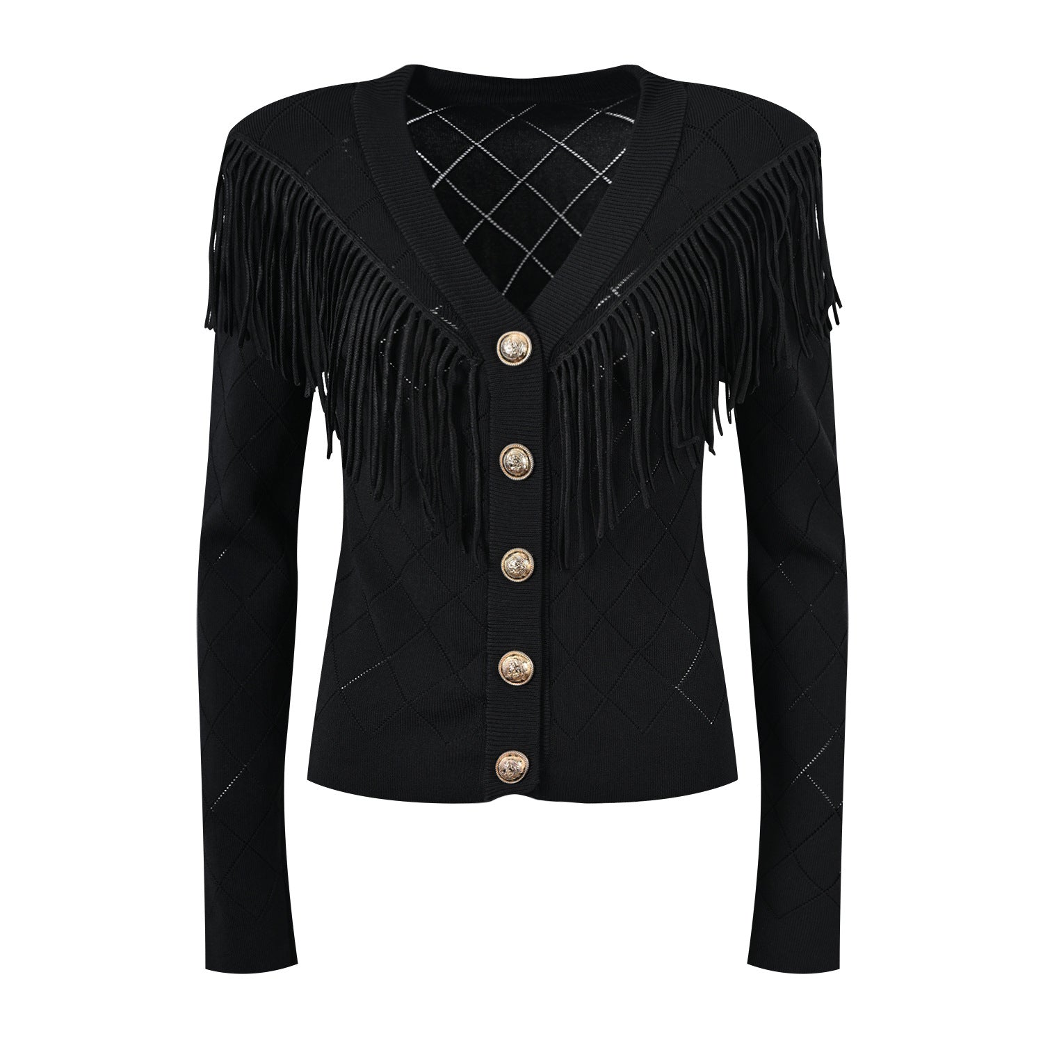 Pre Order:  Diamond Grid V-Neck Tassel Slim Fit Cardigan