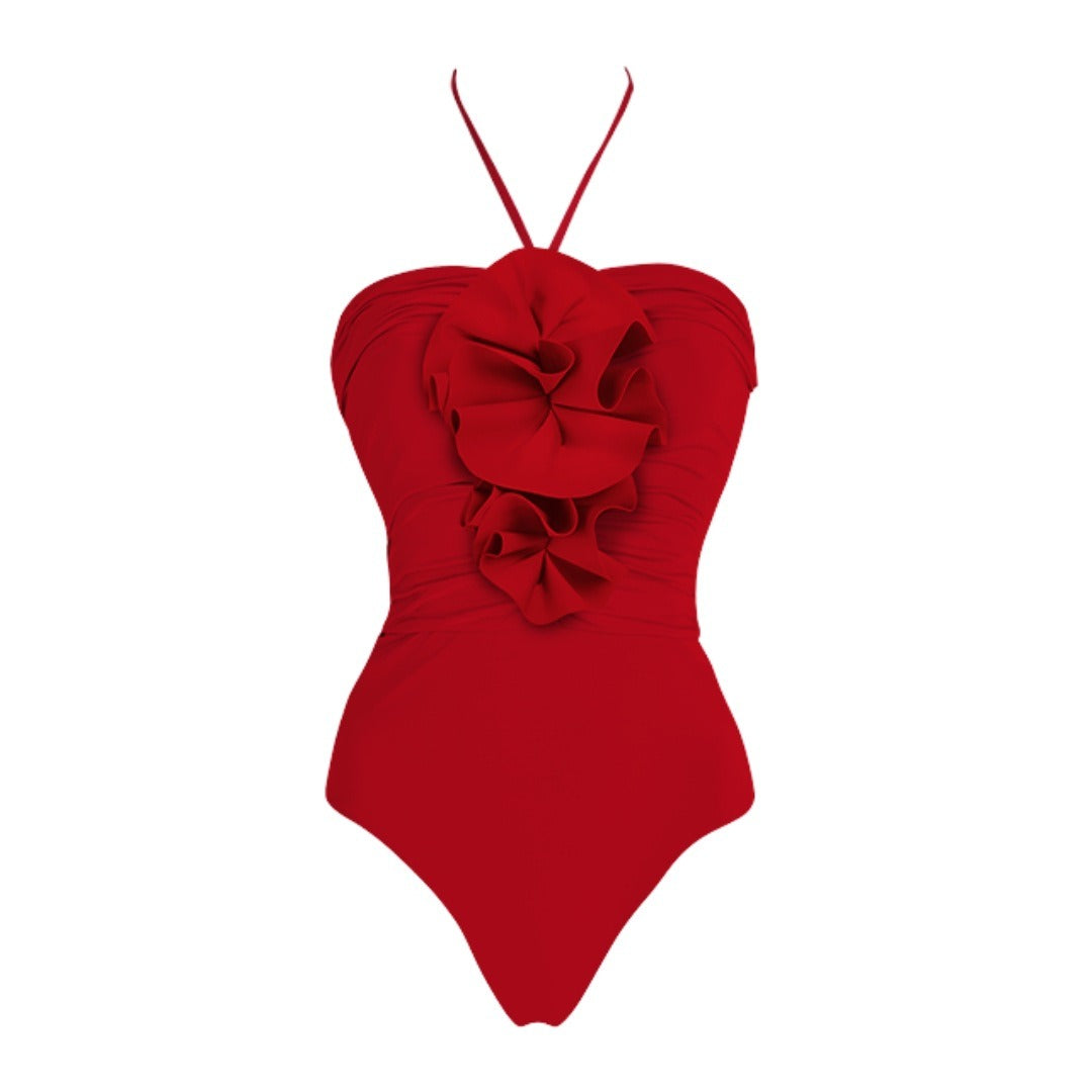 3D Flower Scarlet One-Piece Swimsuit + Skirt Set