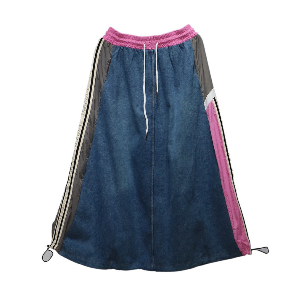 Pre Order: Contrasting Splicing Loose Casual A-Line Denim Skirt