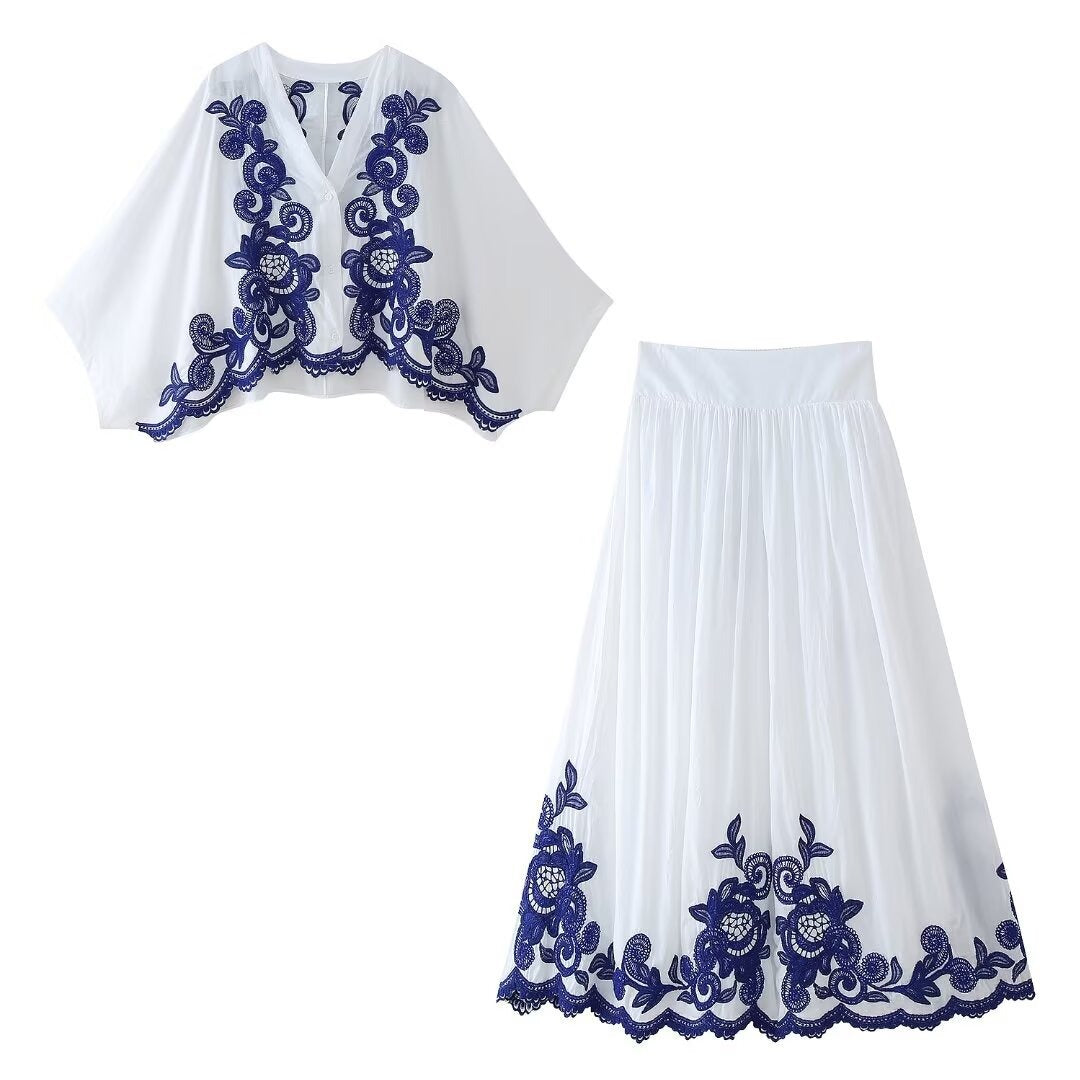 Pre Order: Contrasting Embroidered Shirt + Skirt Set