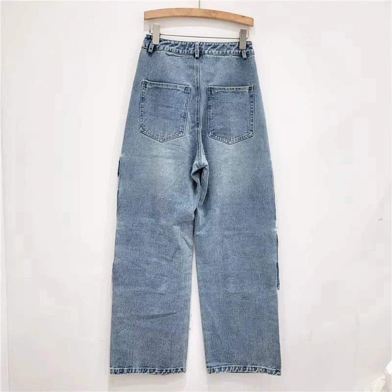 Pre Order:  High Waist Straight Wide Leg Multiple Pockets Denim Pants