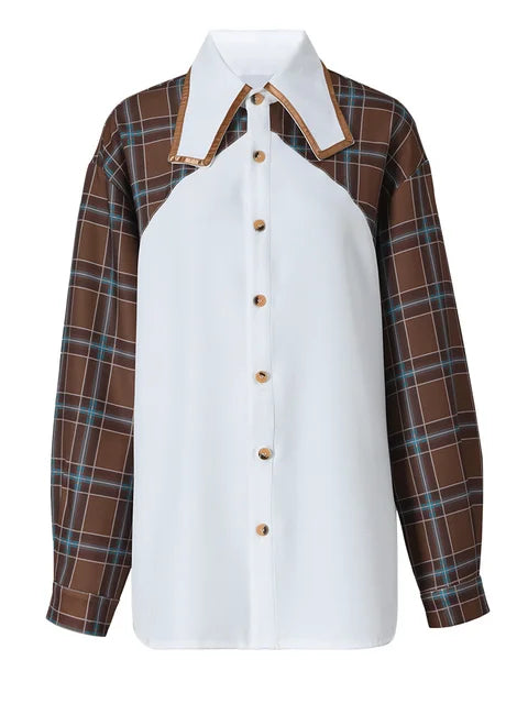 Pre Order:  Plaid Color-Block Vintage Loose Blouse